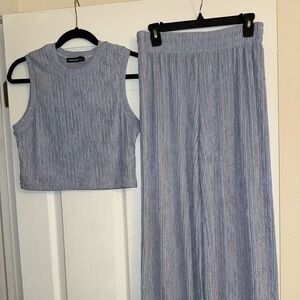 Women's Wide Leg Pants & Crop Top Set - Blue